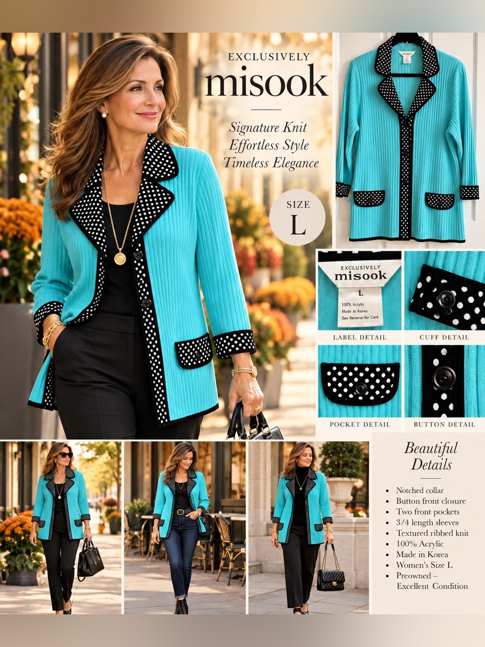 Misook Turquoise Knit Jacket with Black-and-White Polka Dot Trim